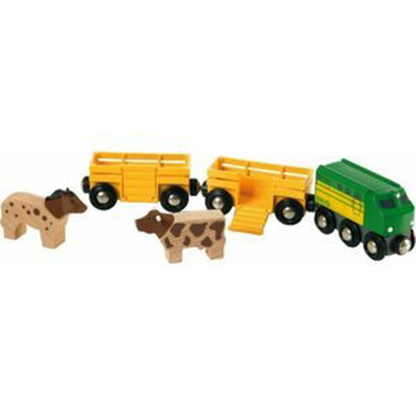 Brio Zemědělský vlak na přepravu zvířat s 2 vagonky, krávou, koněm