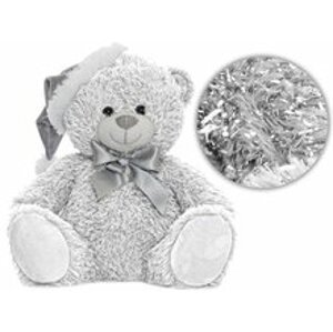 Mikro Medvěd plyšový 25cm bílý sedící s čepičkou a mašlí