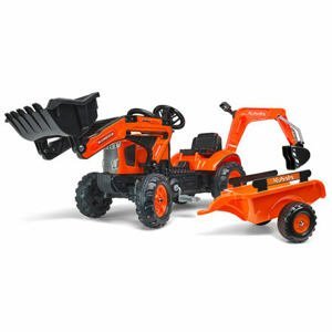 FALK Šlapací traktor Kubota s nakladačem, s otočným bagrem a přívěsem - oranžový
