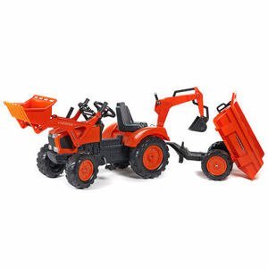 FALK Šlapací traktor Kubota s přední a zadní lžící a přívěsem - oranžový
