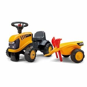 FALK Odrážedlo traktor Baby JCB žlutý s vozíkem a lopatou s hráběmi