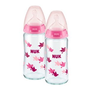 NUK Skleněná láhev First Choice ⁺ od narození 240 ml, teplota control ve dvojitém balení růžová