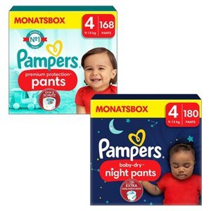 Pampers Sada plen Premium Protection Pants, velikost 4, 9-15 kg, měsíční balení (168 plen) a Baby-Dry Pants Night , velikost 4 Maxi, 9-15 kg,...