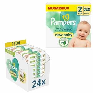 Pampers Sada plenek Harmonie velikost 2, 4 kg - 8 kg (240 plenek) a vlhčené ubrousky Harmonie New Baby, 1.104 ubrousků (24 x 46 ks).