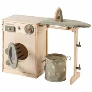 howa ® Dětská dřevěná pračka se šňůrou na prádlo, žehlicím prknem, košem na prádlo a žehličkou