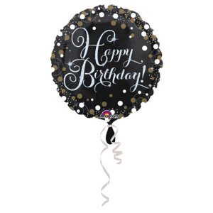 Balónek fóliový Happy Birthday Kolo černé s puntíky zlaté, stříbrné